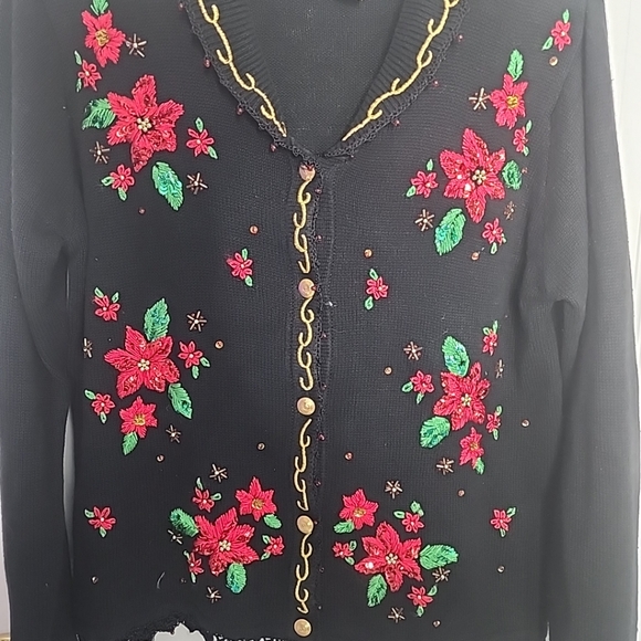 Cove Creek Sequin Poinsetta Sweater Cardigan Small - Picture 4 of 5